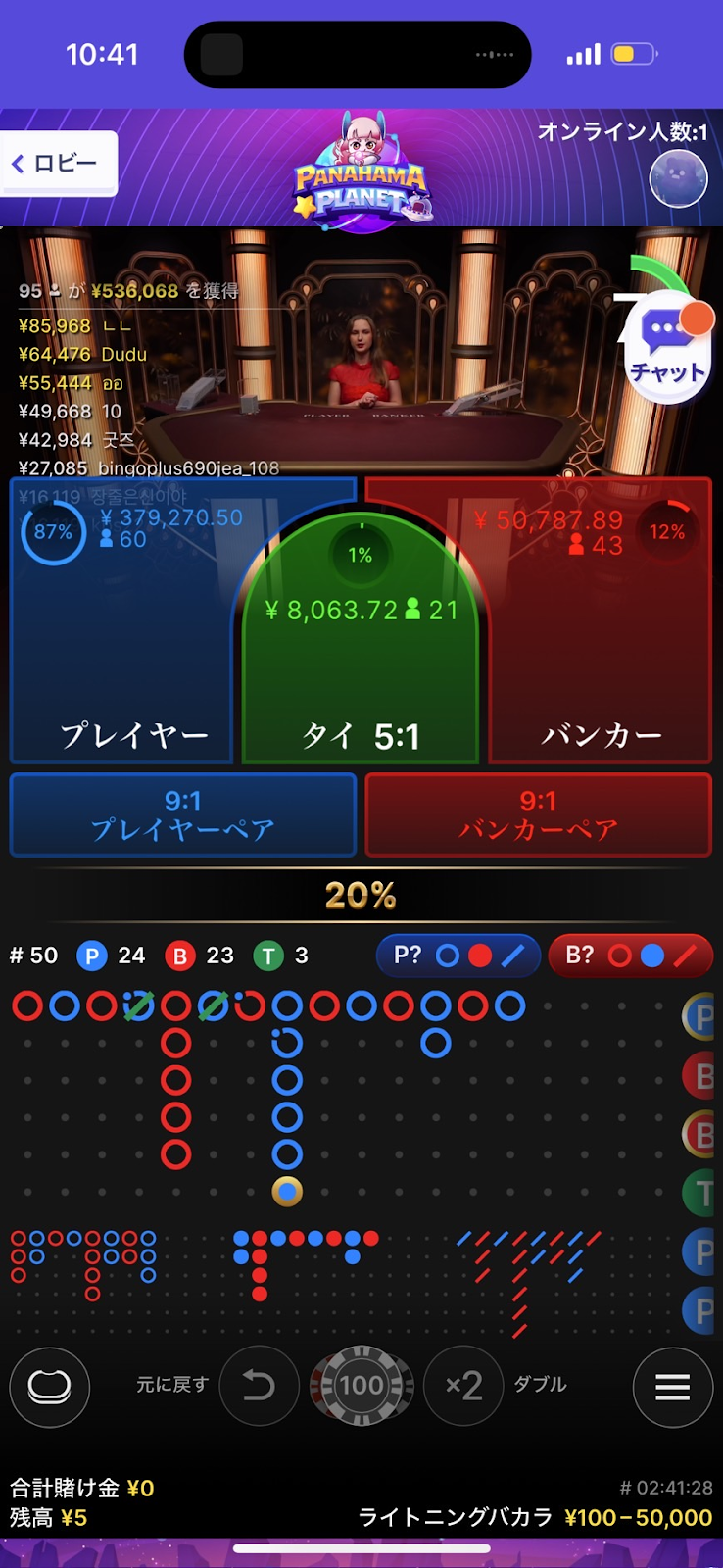Panahamaオンラインカジノ バカラロード画面